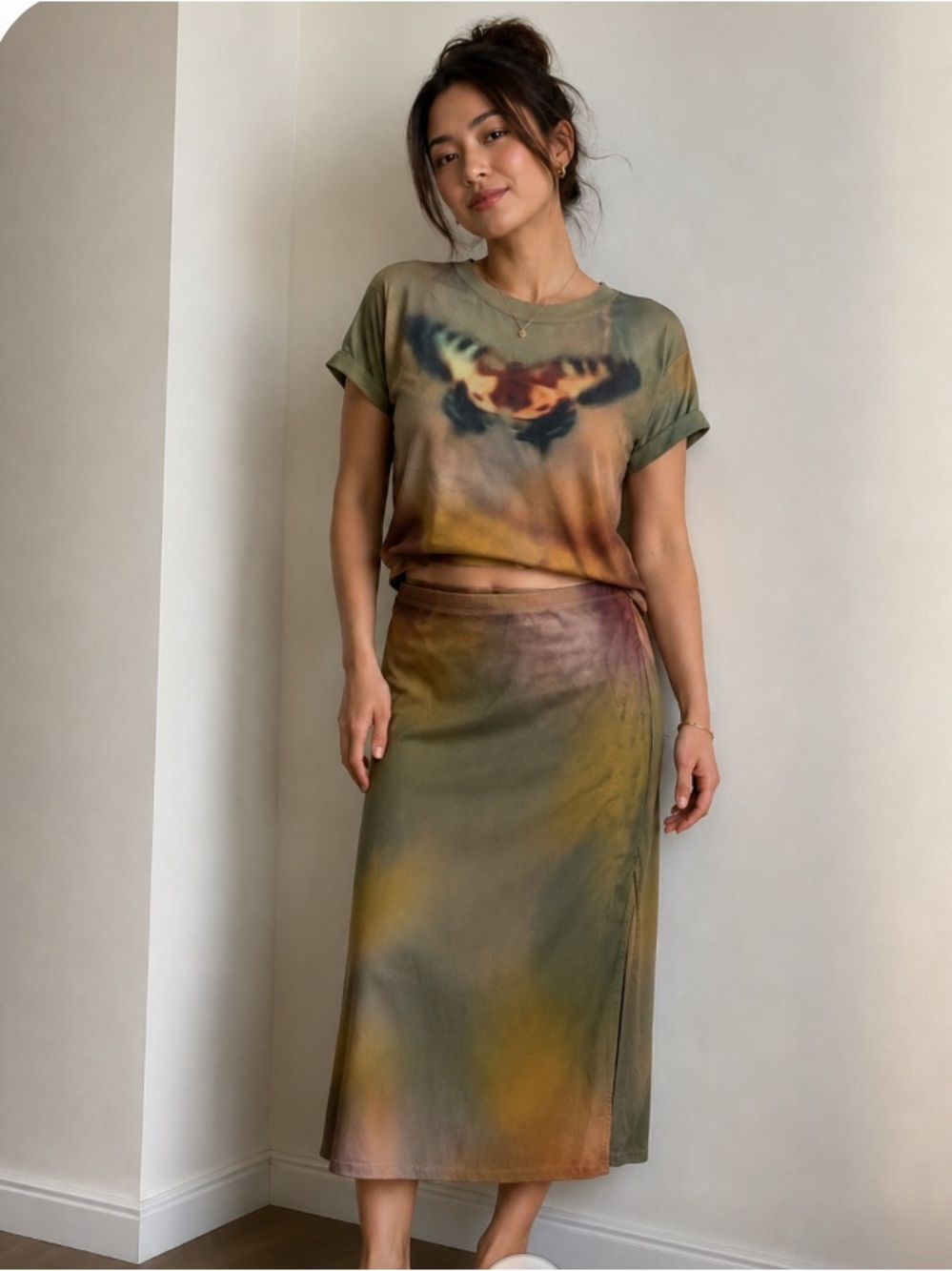 No Boundaries Olive & Mustard Tie-Dye Midi Skirt